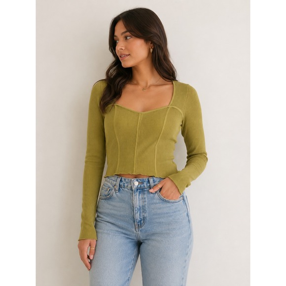 Milk & Honey Tops - Milk & Honey Olive Green Corset Knit Top Women's L Long Sleeve Y2K
